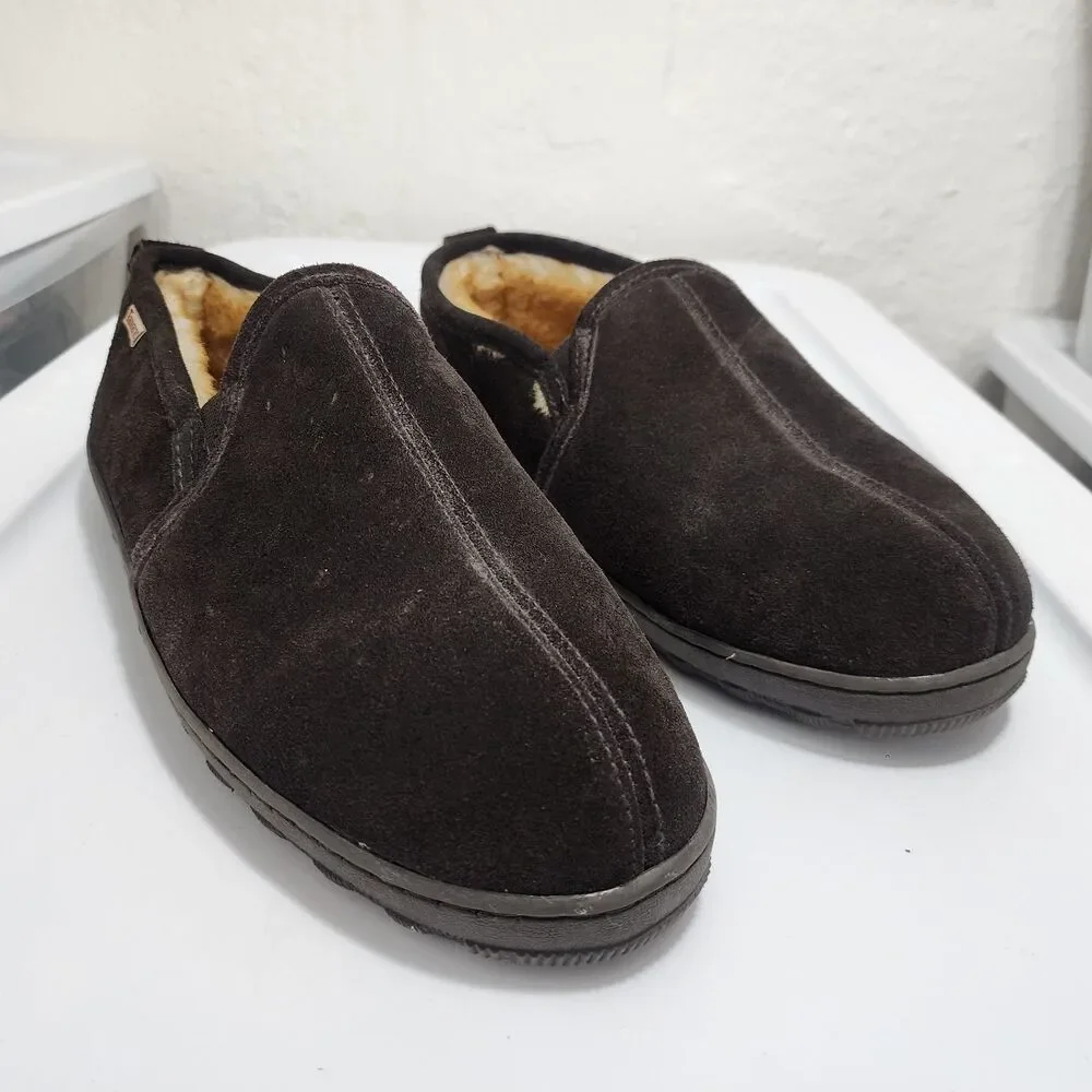 Tamarac Cody Shearling Moccasin Slippers Brown Suede Leather Lambswool Mens 11M